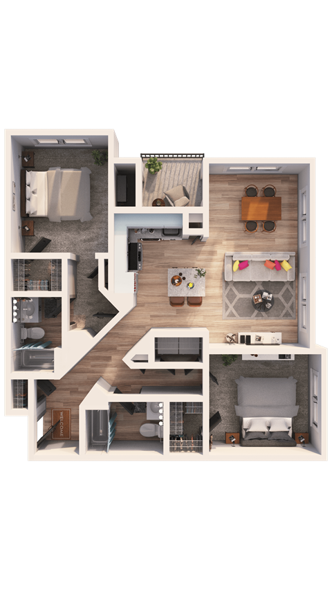 Floor plan for 2 beds, 2 baths, 1127 sqft